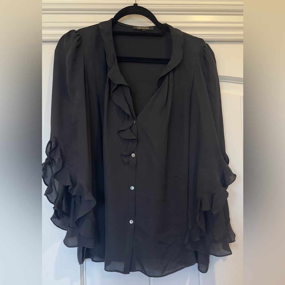 Kobi Halperin Black Silk Ruffled Blouse. Size Medium. Like NEW!
